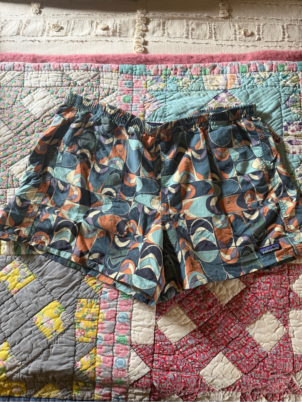 Patagonia Women's Patterned Elastic-Waist Shorts - Teal, Rust, Navy